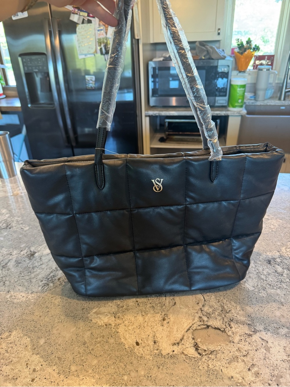 NWT Victoria's Secret Black Leatherette Quilted Tote with VS Emblem